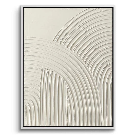 Hand-textured cream arches plaster art on a large canvas, a sophisticated architectural statement piece for a luxury Dubai villa.