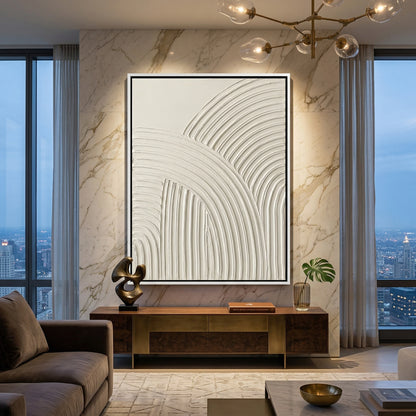 Minimalist monochromatic textured cream arches painting featuring 3D palette knife strokes, perfect for a serene Abu Dhabi bedroom