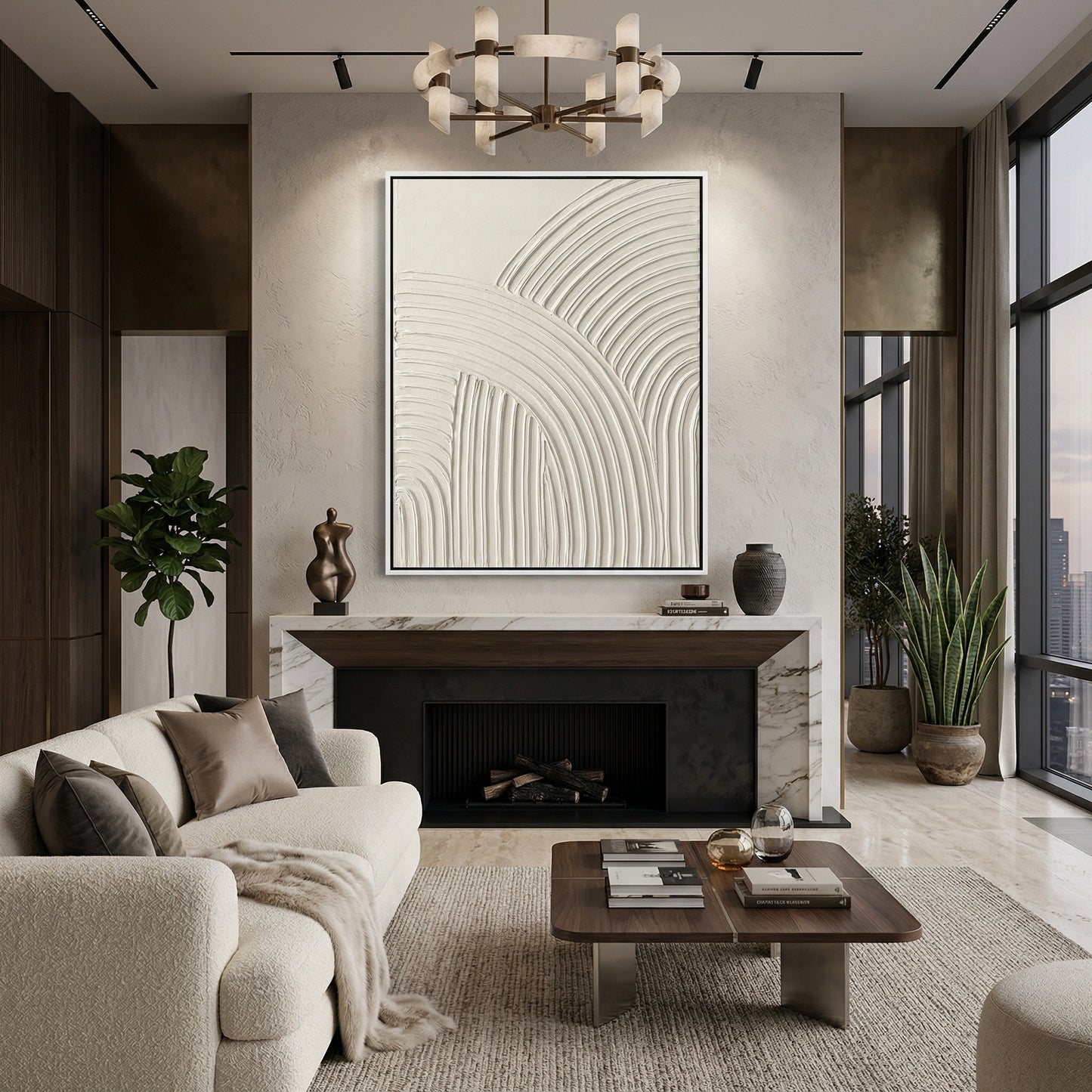 2Large floor mirror featuring a textured cream arch frame, adding a modern Middle Eastern aesthetic to a luxury Dubai hallway.
