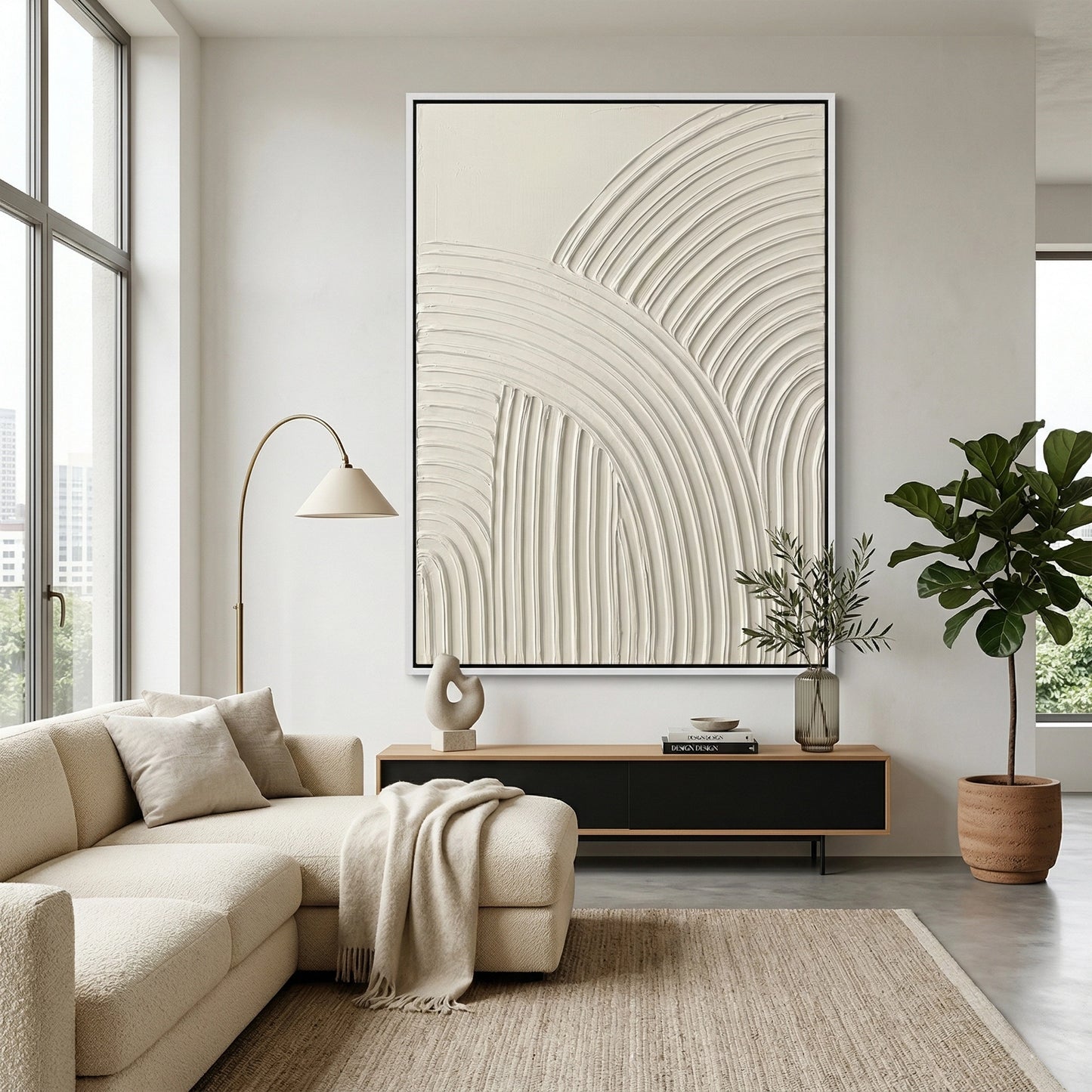 2Minimalist coffee table with textured cream arch supports and a matte finish, a unique architectural furniture piece in the UAE.