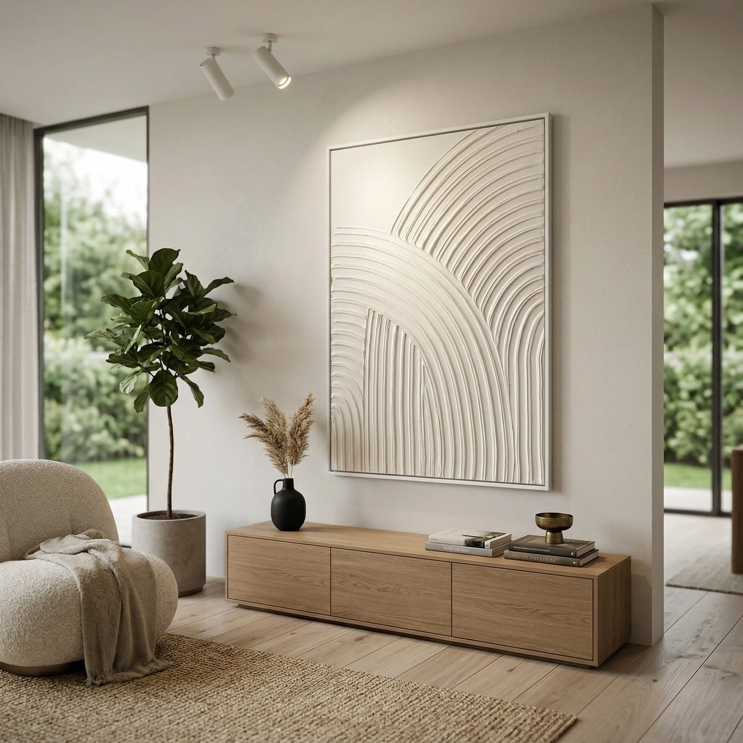 2Modern cream ceramic vase with a raised textured arch pattern, an elegant shelf accessory for a high-end UAE home.