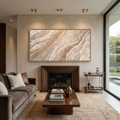 Minimalist 'Textured Earth Waves' canvas art with heavy impasto clay textures and soft shadow play, adding organic movement to a modern Abu Dhabi home.