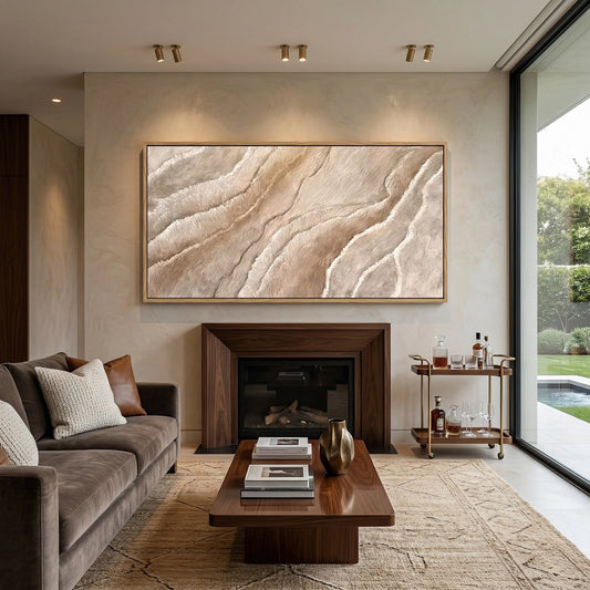 Minimalist 'Textured Earth Waves' canvas art with heavy impasto clay textures and soft shadow play, adding organic movement to a modern Abu Dhabi home.