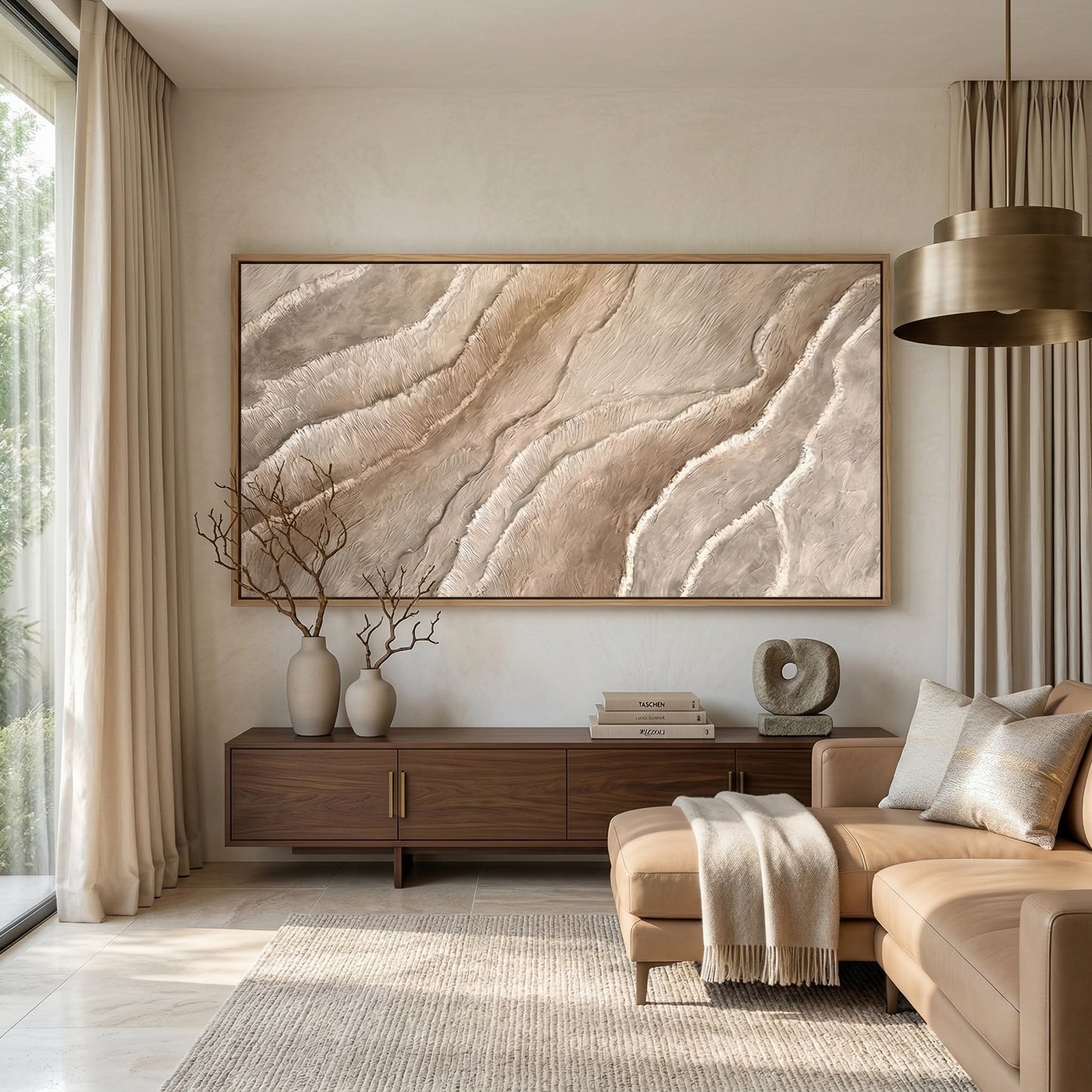 2Abstract 'Textured Earth Waves' painting with a matte sandstone finish, premium neutral wall decor available in the UAE.
