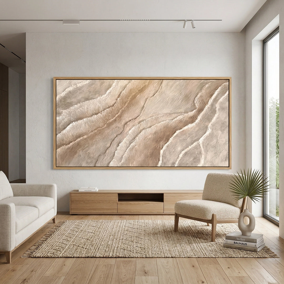Modern sideboard featuring a 'Textured Earth Waves' carved pattern on the doors, a unique handcrafted furniture piece for high-end UAE interiors