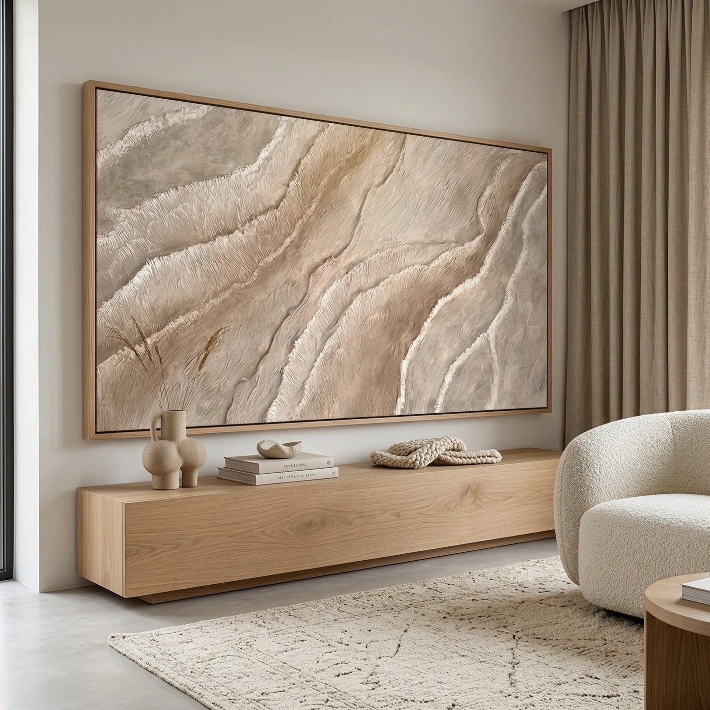 2Minimalist 'Textured Earth Waves' wall mirror with a matte clay-stone frame, an elegant accessory for a contemporary Dubai hallway.