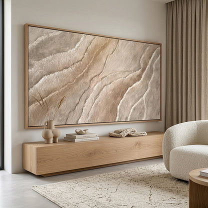 Minimalist 'Textured Earth Waves' wall mirror with a matte clay-stone frame, an elegant accessory for a contemporary Dubai hallway.