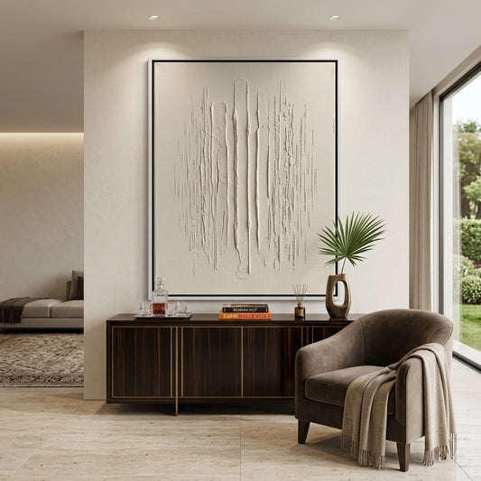Minimalist monochrome artwork with layered textures and neutral tones, ideal for elegant UAE interiors.