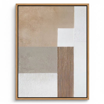Large 'Textured Neutral Geo' plaster art featuring 3D geometric shapes in a warm linen and sand palette, a sophisticated focal point for a luxury Dubai villa.