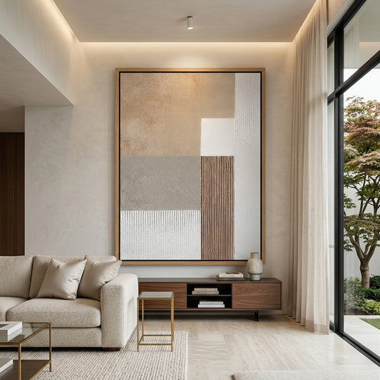 Minimalist 'Textured Neutral Geo' canvas art with heavy impasto geometric layers and soft shadow play, adding architectural depth to a modern Abu Dhabi home.