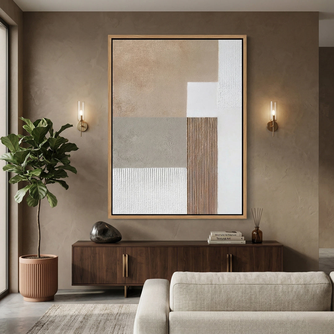 Abstract 'Textured Neutral Geo' painting with a matte sandstone finish, premium neutral wall decor available in the UAE.