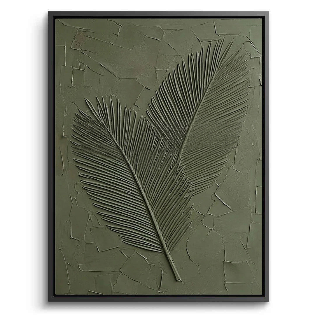 2Hand-sculpted 'Textured Sage Palms' plaster art on a large canvas, featuring 3D overlapping fronds in a calming muted green, a sophisticated focal point for a luxury Dubai villa.