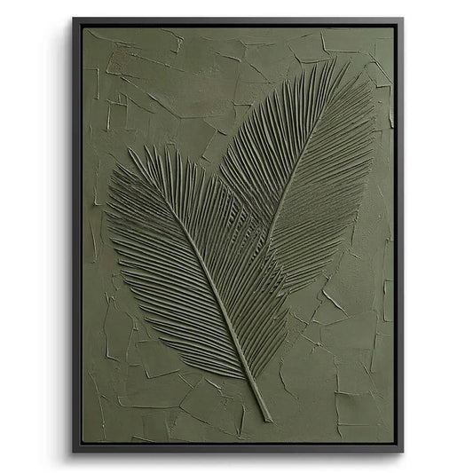 Hand-sculpted 'Textured Sage Palms' plaster art on a large canvas, featuring 3D overlapping fronds in a calming muted green, a sophisticated focal point for a luxury Dubai villa.