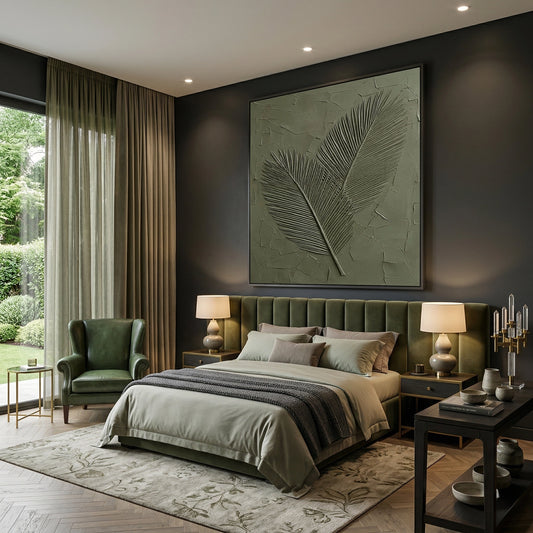 Minimalist 'Textured Sage Palms' canvas art with heavy impasto leaf textures and soft shadow play, bringing a modern oasis aesthetic to a contemporary Abu Dhabi home.