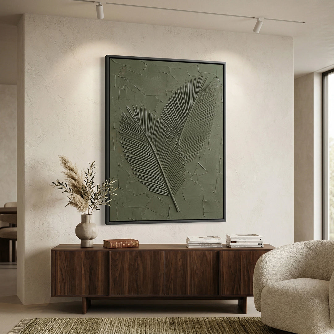 Abstract 'Textured Sage Palms' painting with a matte sage finish and raised botanical details, premium neutral wall decor available in the UAE.