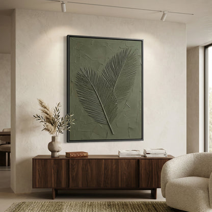 Abstract 'Textured Sage Palms' painting with a matte sage finish and raised botanical details, premium neutral wall decor available in the UAE.