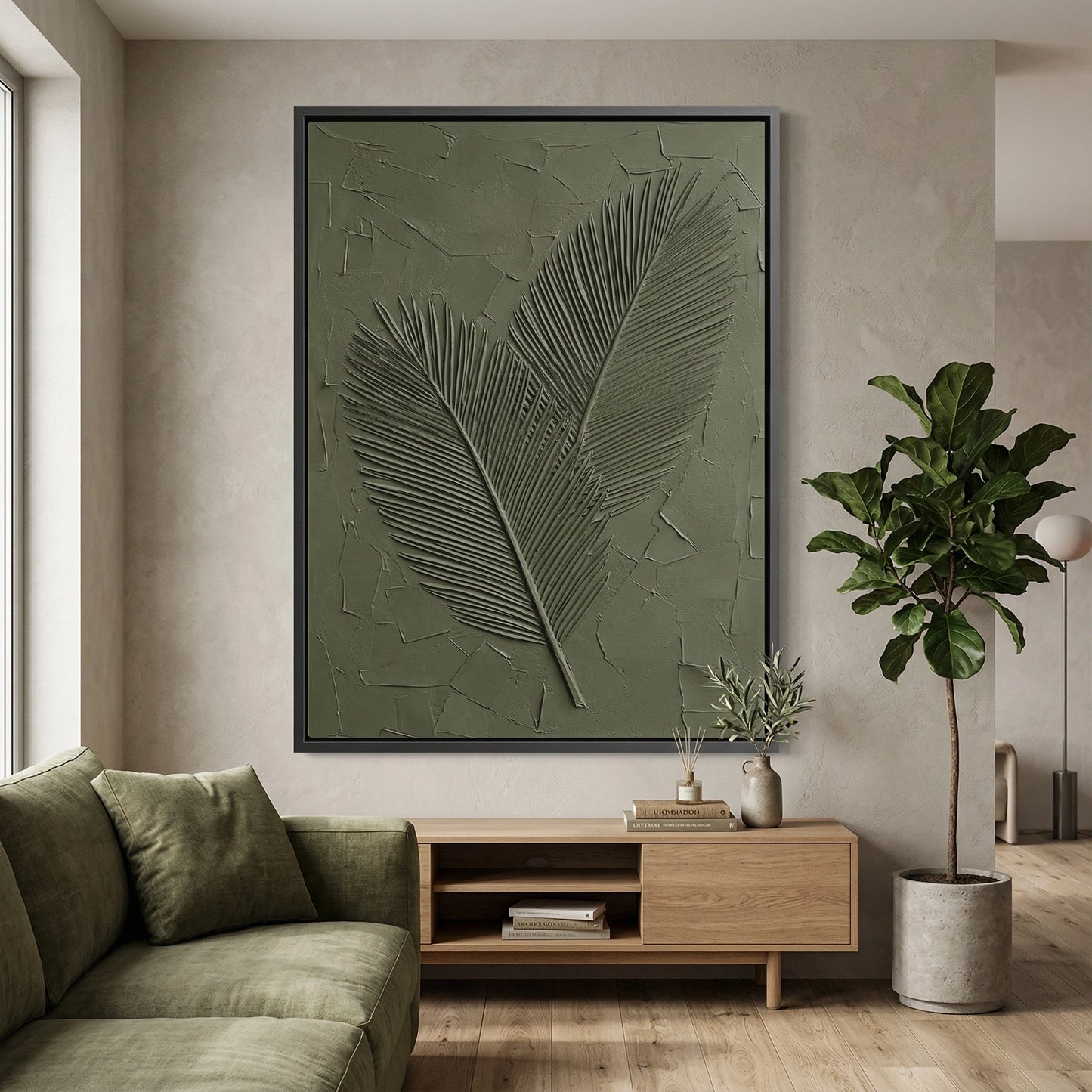 2Luxury 'Textured Sage Palms' area rug with a high-low pile carved botanical pattern, perfect for a serene and refreshing Dubai lounge.