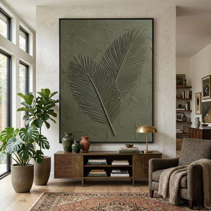 Matte-finish 'Textured Sage Palms' ceramic vase with an embossed palm leaf pattern, a chic accessory for a high-end UAE home office or dining room.