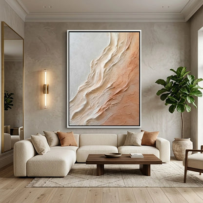 Minimalist 'Textured Sand Dunes' canvas art with heavy impasto mineral grains and soft shadow play, bringing an organic 'Desert Modern' aesthetic to a modern Abu Dhabi villa