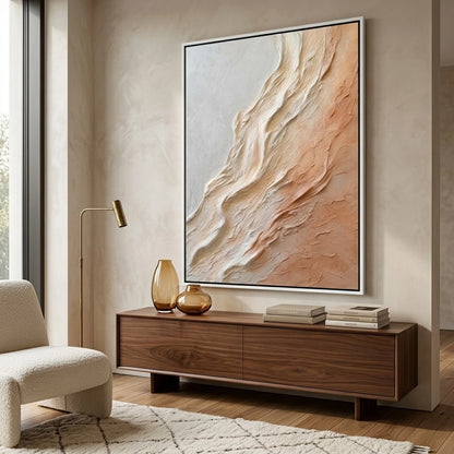 Abstract 'Textured Sand Dunes' textured painting with a matte desert-sand finish and rhythmic horizontal curves, premium neutral wall decor available in the UAE