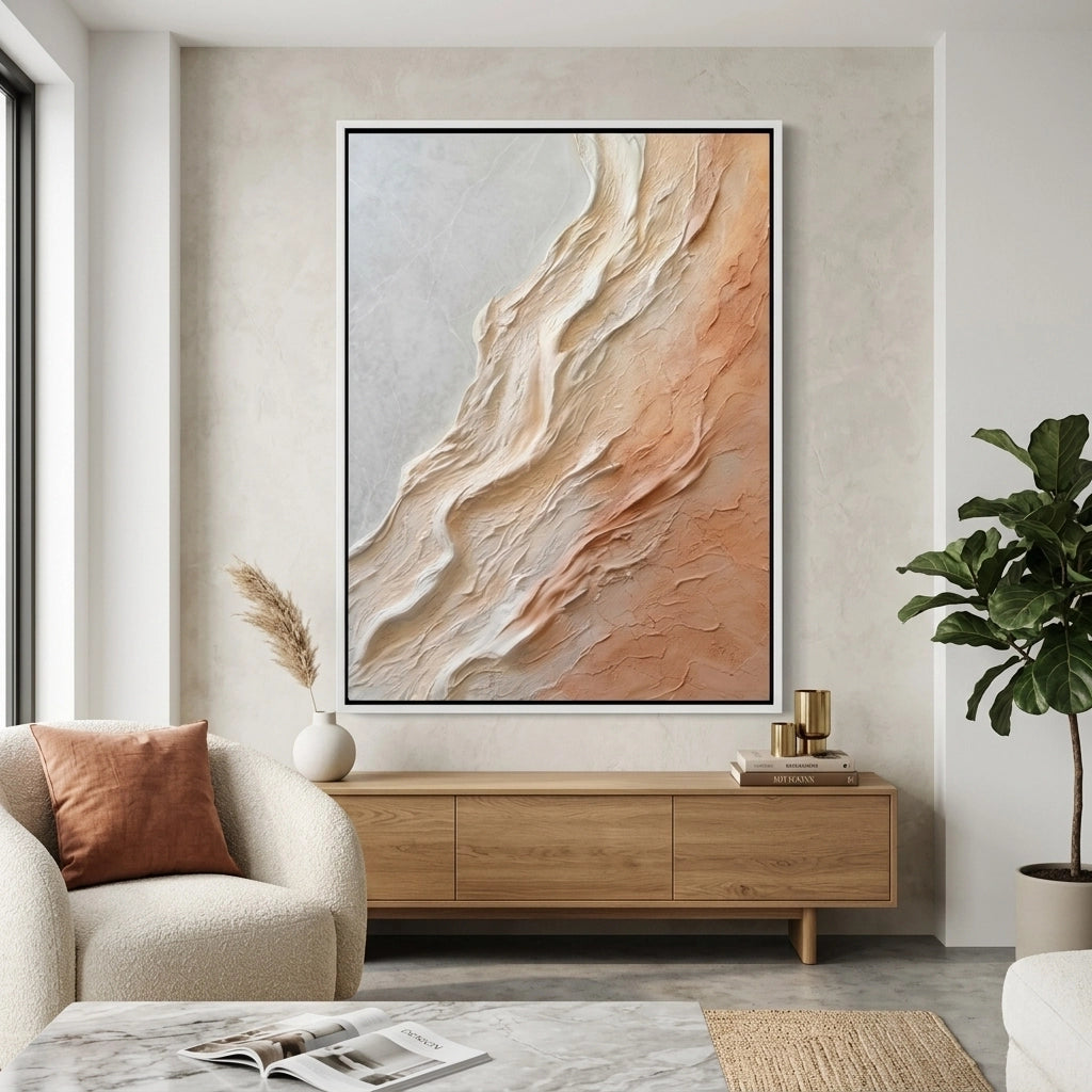 2Sculptural 'Textured Sand Dunes' coffee table with a ribbed travertine base and matte mineral finish, a unique handcrafted furniture piece for high-end UAE interiors