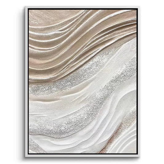 Large 3D 'Textured Wave Minimalist' plaster art featuring flowing hand-sculpted ridges in a matte pearl white, a serene focal point for a luxury Dubai coastal home.