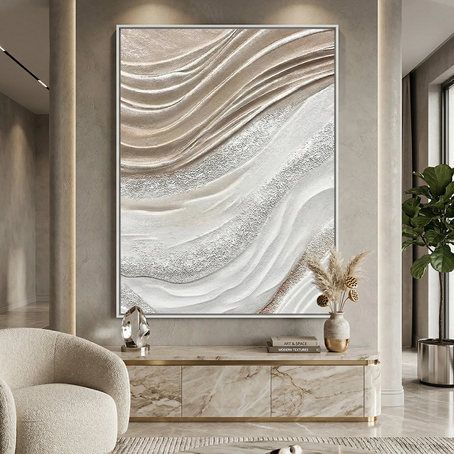 2Minimalist 'Textured Wave' canvas art with heavy impasto sculptural curves and deep shadow play, bringing a sense of 'Liquid Luxury' to a modern Abu Dhabi villa.