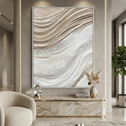 Minimalist 'Textured Wave' canvas art with heavy impasto sculptural curves and deep shadow play, bringing a sense of 'Liquid Luxury' to a modern Abu Dhabi villa.