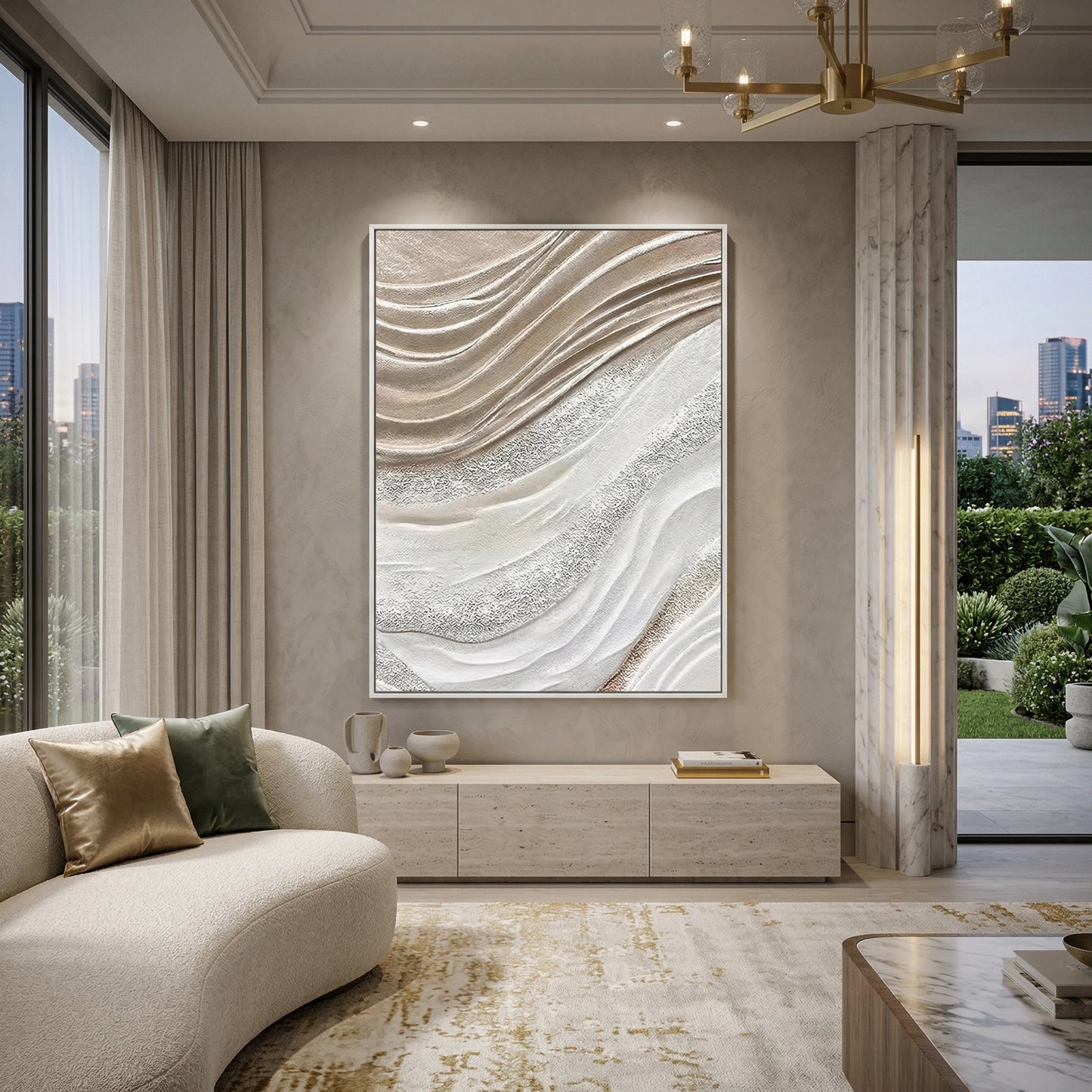 2Abstract 'Textured Wave' painting with a high-relief 3D finish in a monochromatic cream and bone palette, premium neutral wall decor available in the UAE.