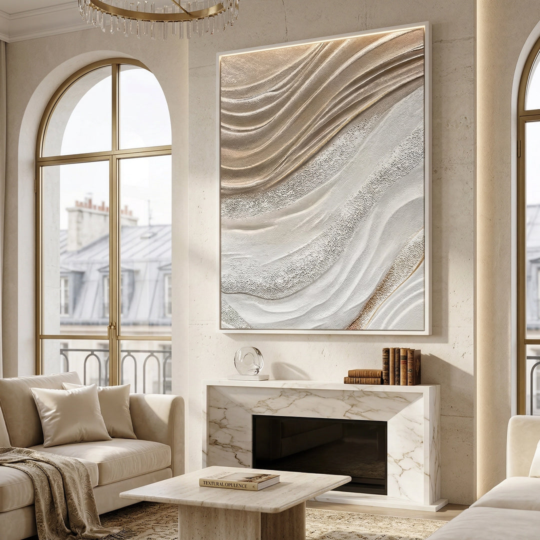 Sculptural 'Textured Wave' coffee table with a ribbed stone base and matte limestone finish, a unique handcrafted furniture piece for high-end UAE interiors.