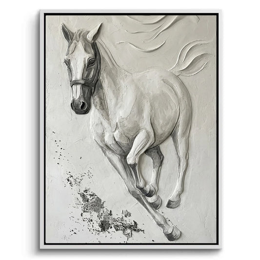 Textured white stallion wall art with abstract detailing and soft neutral tones, ideal for luxury UAE home decor