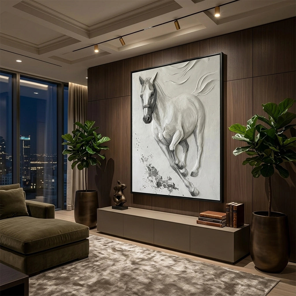 Minimalist white horse artwork featuring subtle texture and elegant form, perfect for modern UAE interiors