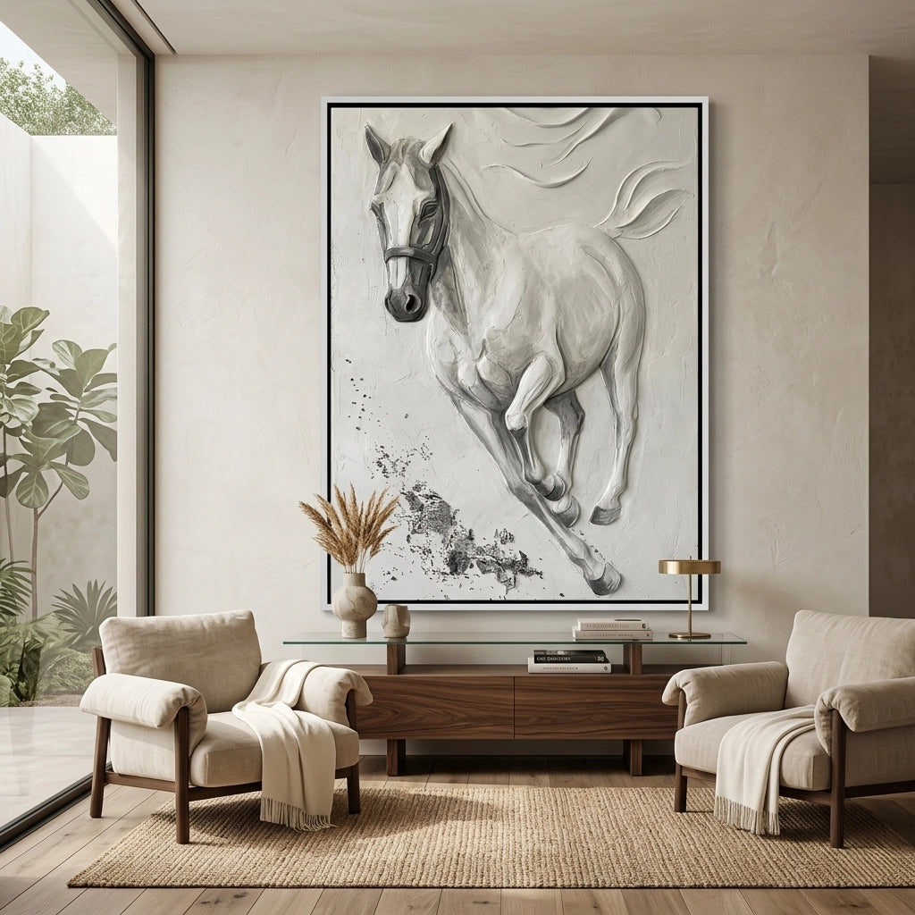 Elegant white stallion art print with soft textures and minimalist style, enhancing contemporary UAE home design