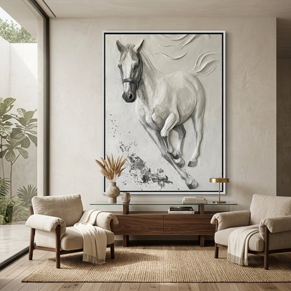 Elegant white stallion art print with soft textures and minimalist style, enhancing contemporary UAE home design