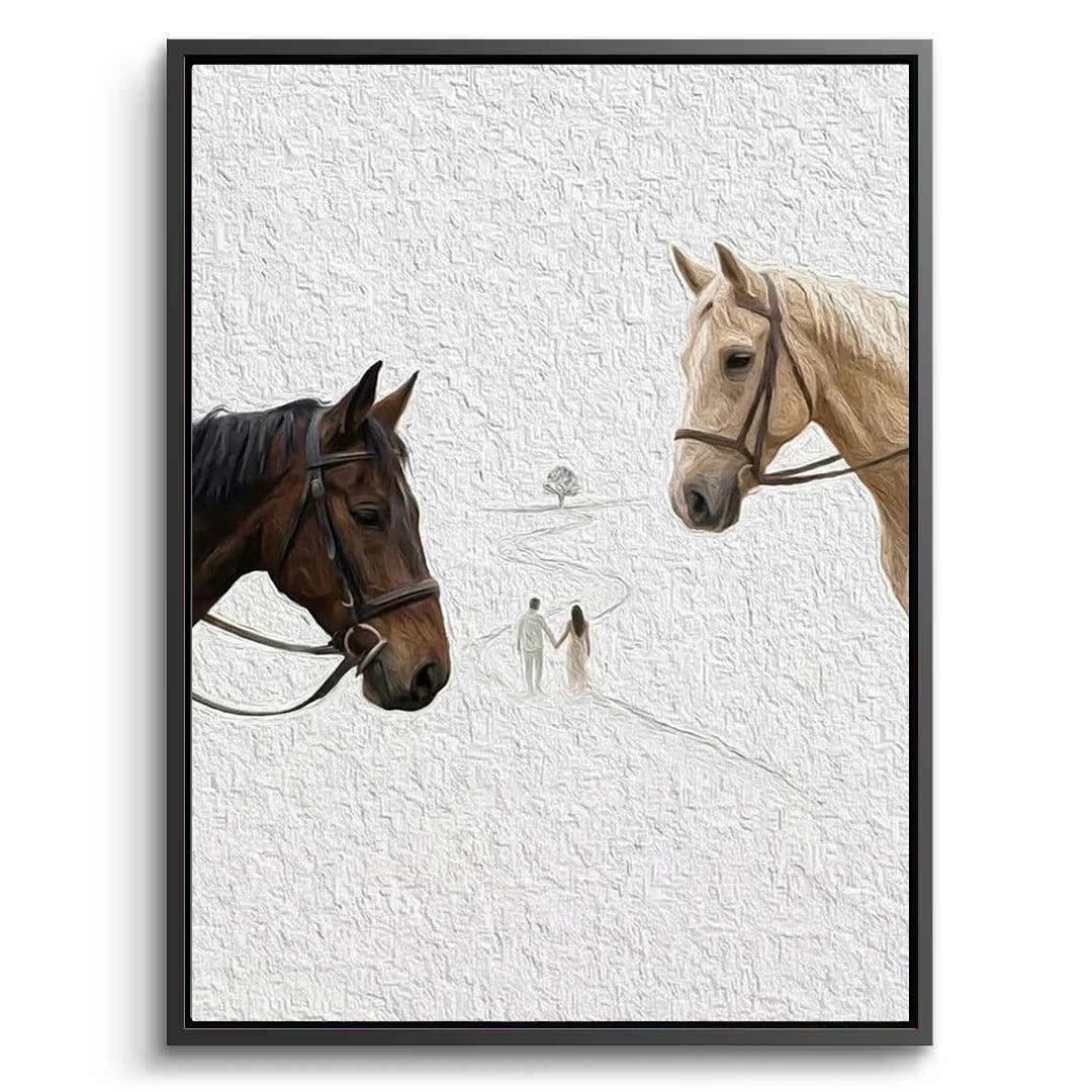 2Large 'The Journey Together' horse painting featuring two Arabian stallions with hand-applied gold leaf accents, a majestic statement for a luxury Dubai villa.