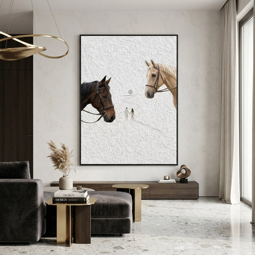 Abstract 'The Journey Together' equine art with heavy impasto textures and flowing manes, capturing the spirit of companionship for a modern Abu Dhabi home.