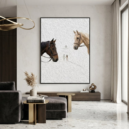Abstract 'The Journey Together' equine art with heavy impasto textures and flowing manes, capturing the spirit of companionship for a modern Abu Dhabi home.