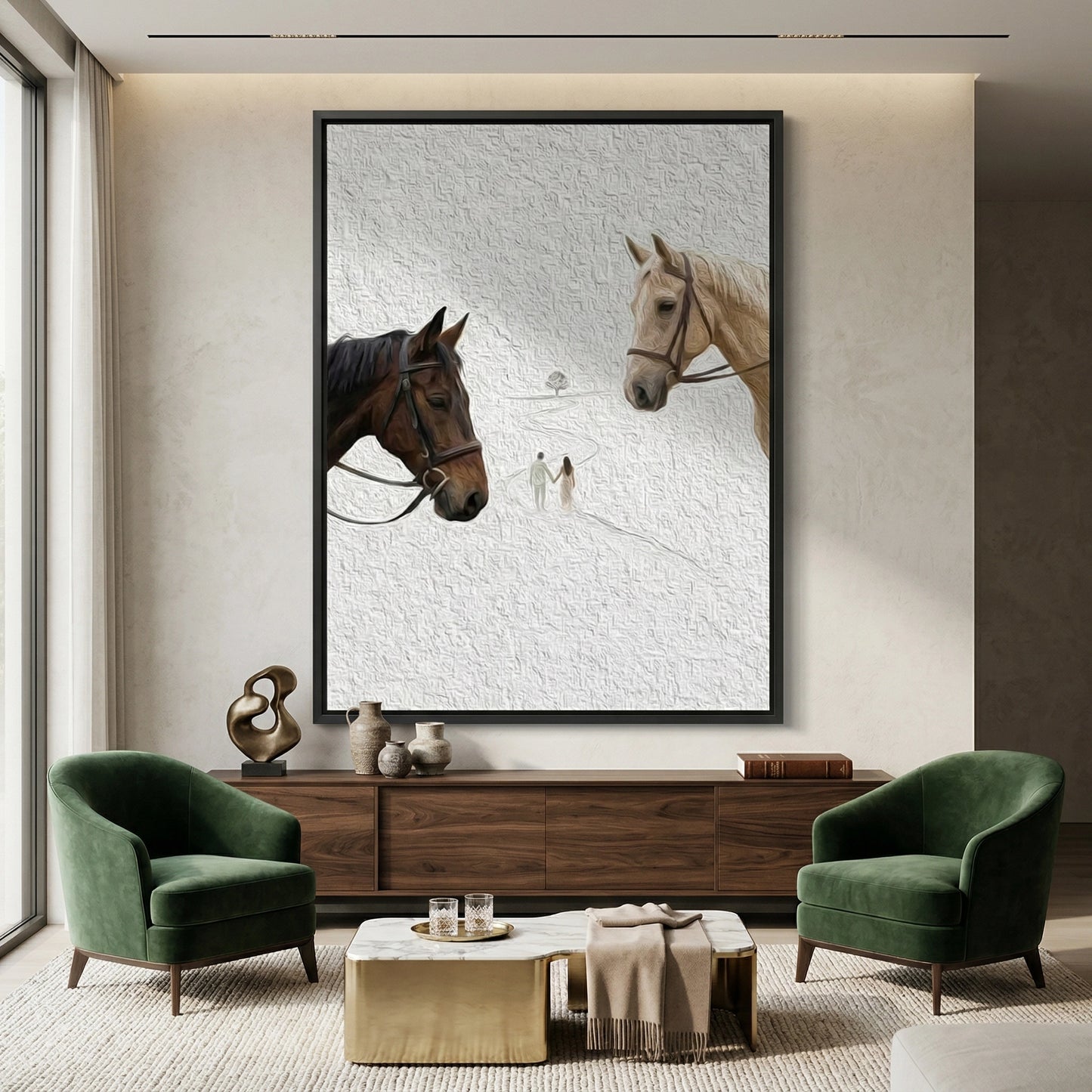 2Modern 'The Journey Together' horse abstract in a neutral palette of sand and charcoal, premium heritage wall decor available in the UAE.