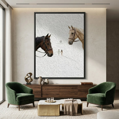 Modern 'The Journey Together' horse abstract in a neutral palette of sand and charcoal, premium heritage wall decor available in the UAE.