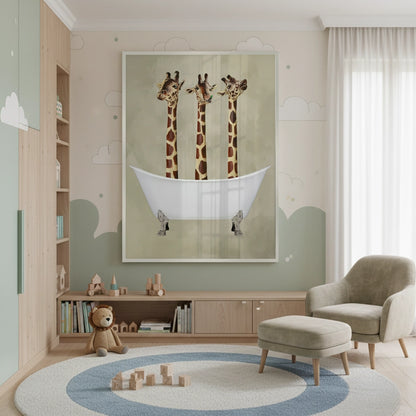 Three Giraffes Bathing - Fine Art