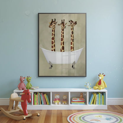 Three Giraffes Bathing - Fine Art