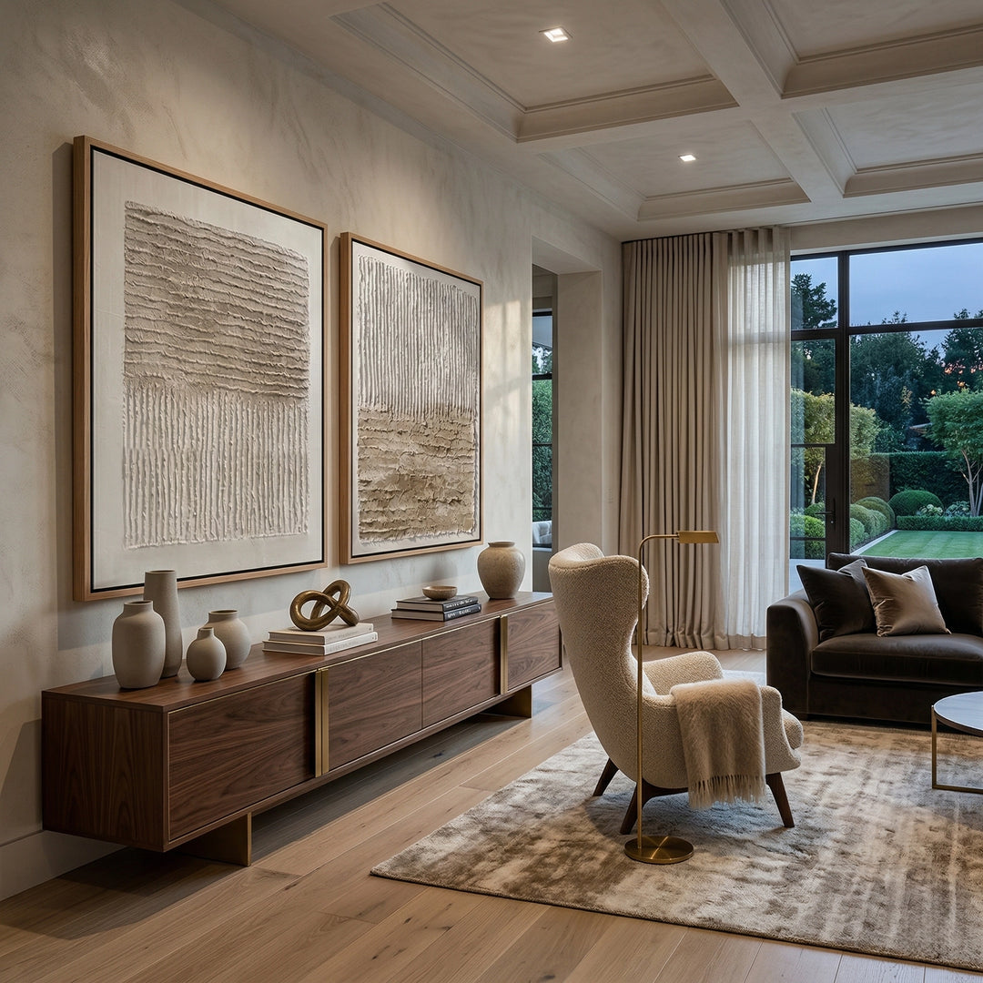 Minimalist 'Tonal Earth' diptych with heavy impasto mineral layers and soft shadow play, bringing a grounded 'Desert Modern' aesthetic to a contemporary Abu Dhabi home