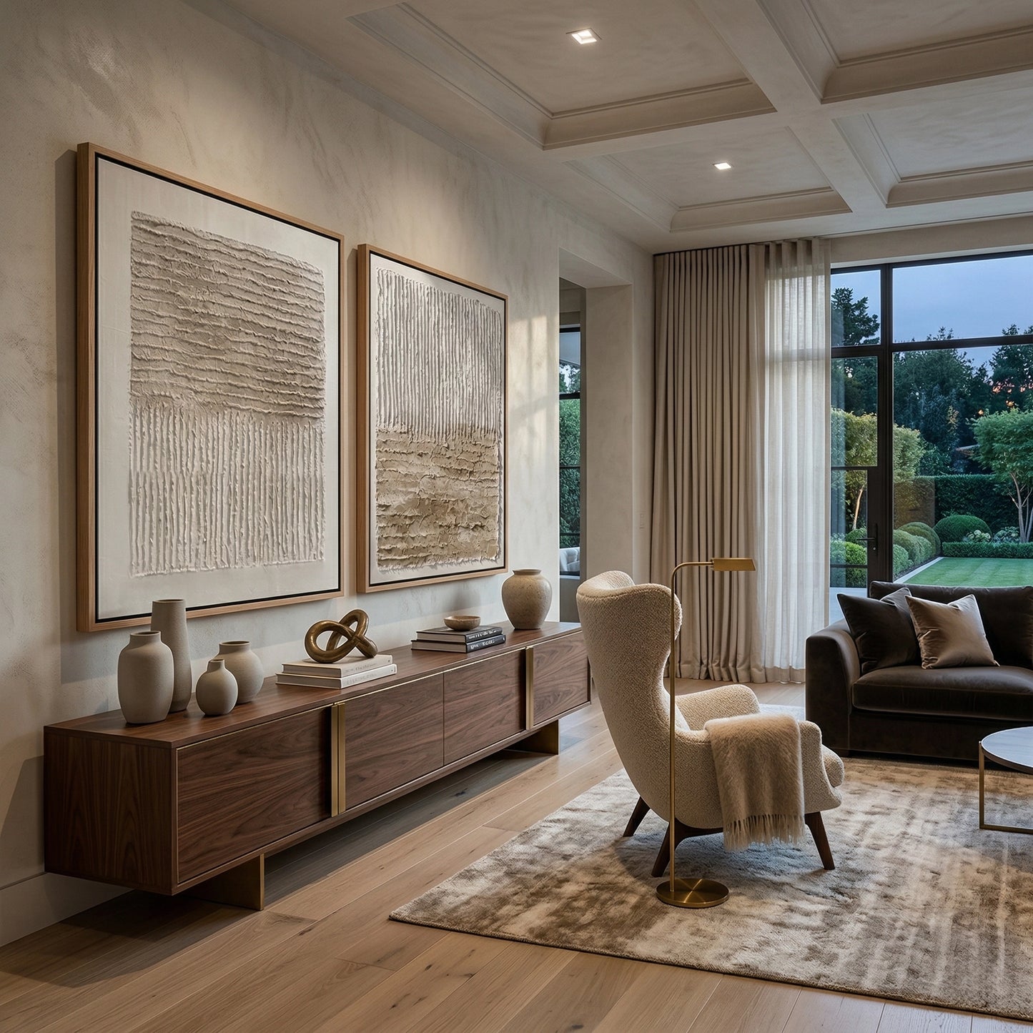 2Minimalist 'Tonal Earth' diptych with heavy impasto mineral layers and soft shadow play, bringing a grounded 'Desert Modern' aesthetic to a contemporary Abu Dhabi home