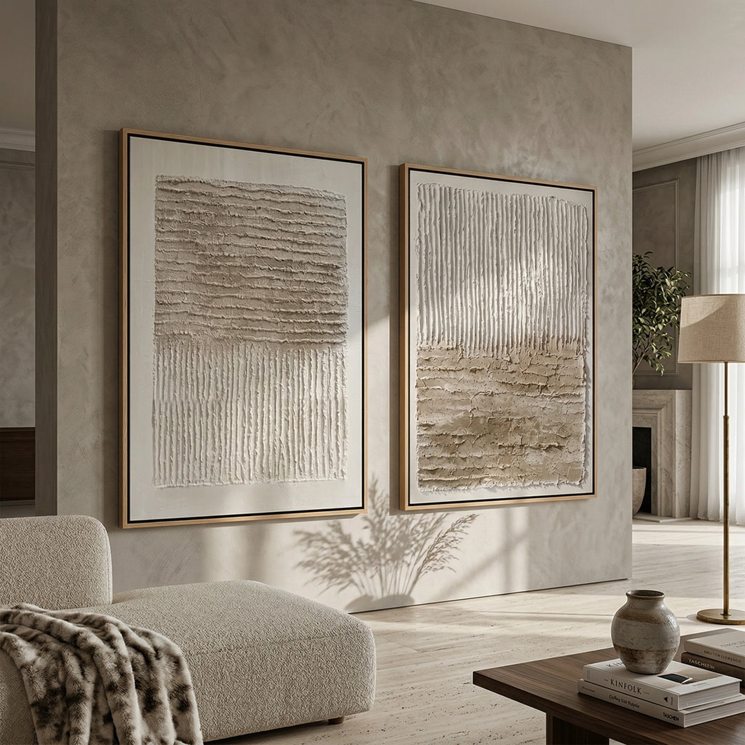 Contemporary 'Tonal Earth Textures' set of 2 in sleek oak frames, a clean and artistic wall decor solution for a high-end UAE executive office