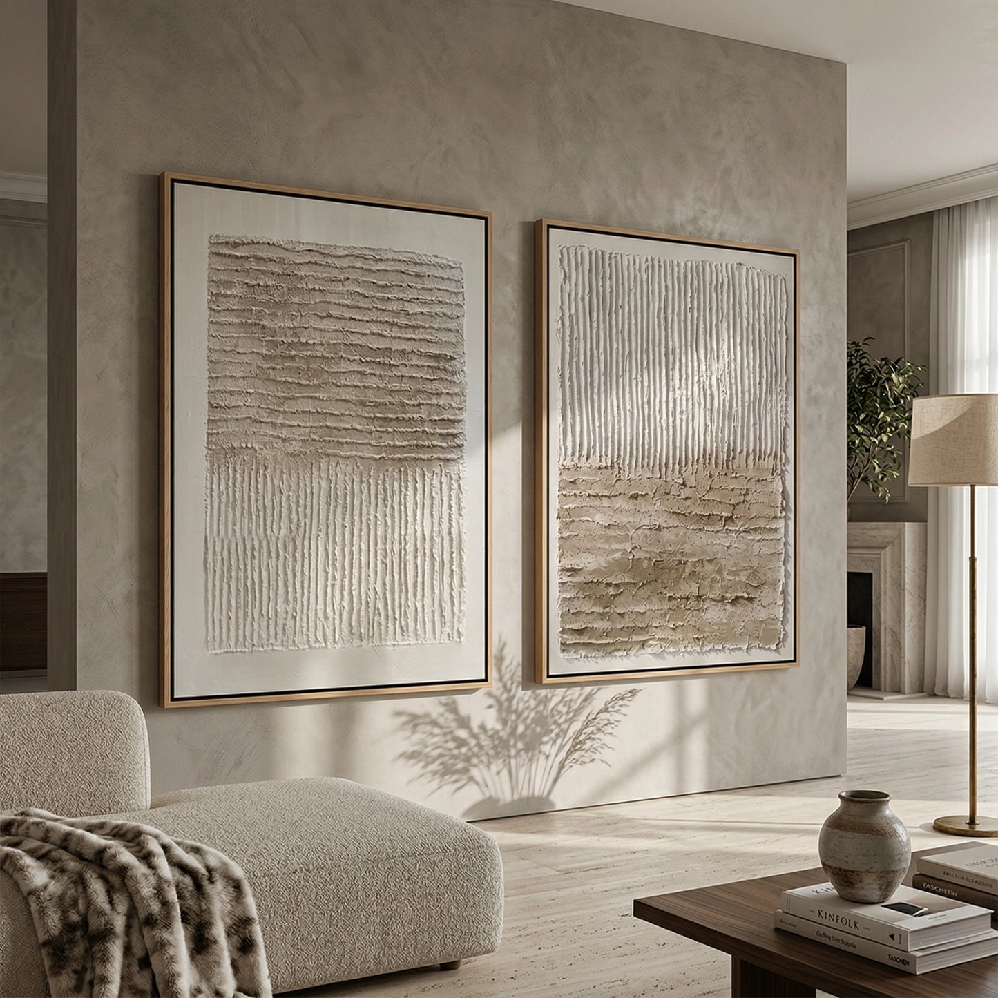 2Contemporary 'Tonal Earth Textures' set of 2 in sleek oak frames, a clean and artistic wall decor solution for a high-end UAE executive office