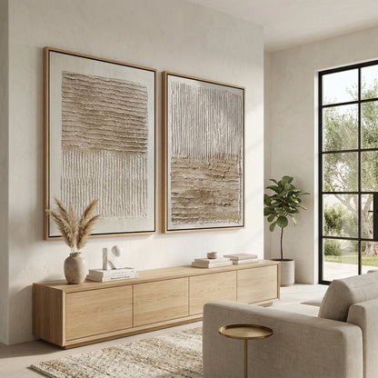 Set of 2 'Tonal Earth' linen cushions with embroidered 3D textures in ochre and sienna, sophisticated neutral accessories for a minimalist Dubai lounge
