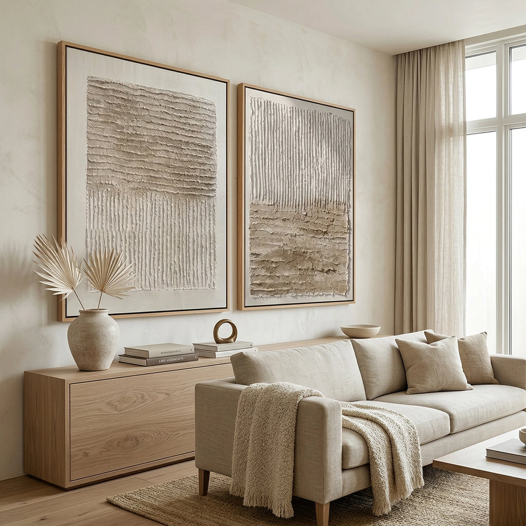 Matching set of 2 'Tonal Earth' area rugs with high-low pile carved textures, ideal for defining separate zones in a large open-plan UAE penthouse