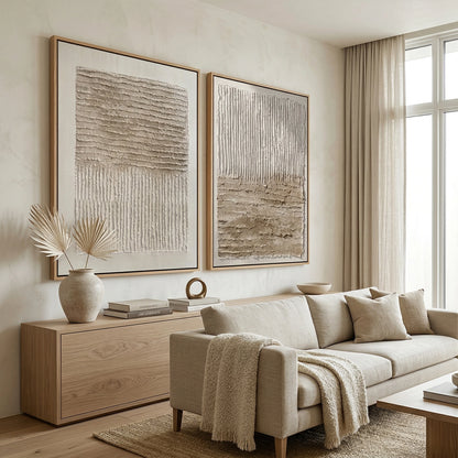 Matching set of 2 'Tonal Earth' area rugs with high-low pile carved textures, ideal for defining separate zones in a large open-plan UAE penthouse