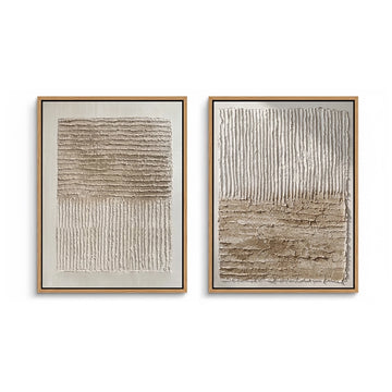 Set of 2 'Tonal Earth Textures' 3D plaster paintings featuring continuous hand-sculpted ridges in warm sand and terracotta, a sophisticated duo for a luxury Dubai villa.