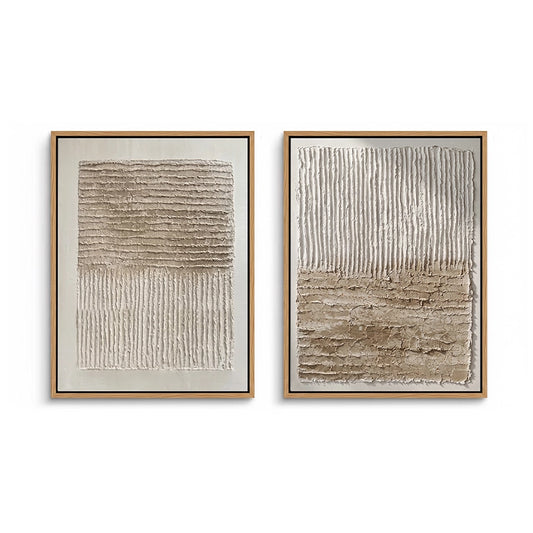Set of 2 'Tonal Earth Textures' 3D plaster paintings featuring continuous hand-sculpted ridges in warm sand and terracotta, a sophisticated duo for a luxury Dubai villa.